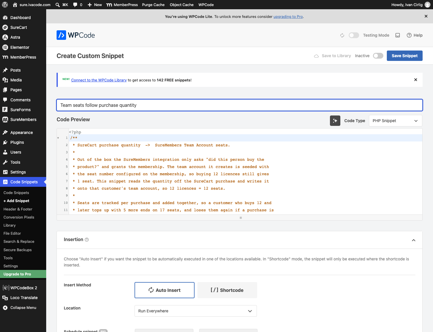 The snippet pasted into WPCode with Auto Insert and Run Everywhere