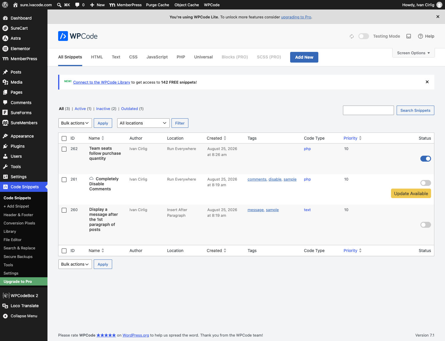 The snippet active in the WPCode snippet list