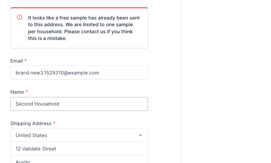 Checkout blocked because the address already claimed a sample