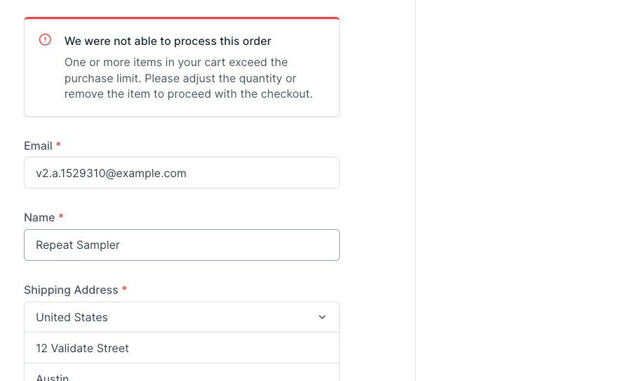Checkout blocked with the purchase limit message