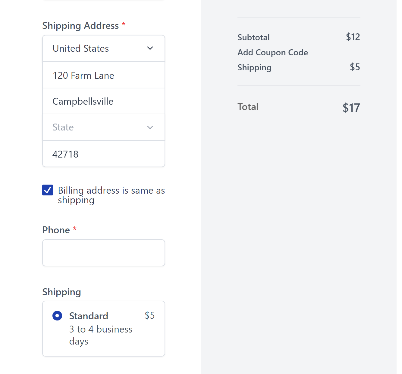 Checkout with ZIP 42718 showing a 5 dollar Standard shipping option