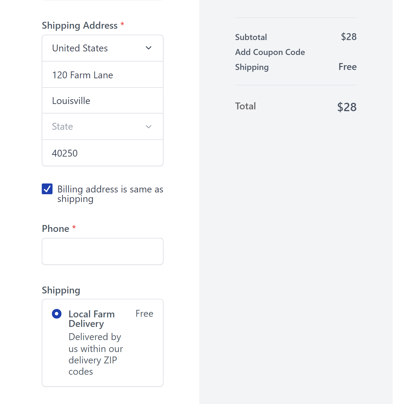 Checkout with a local ZIP showing free Local Farm Delivery