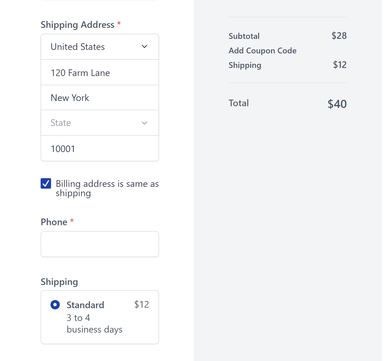 Checkout with a non local ZIP showing the 12 dollar Standard rate