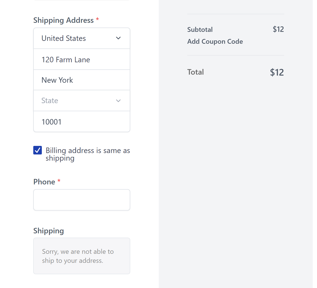 Checkout with ZIP 10001 showing Sorry, we are not able to ship to your address