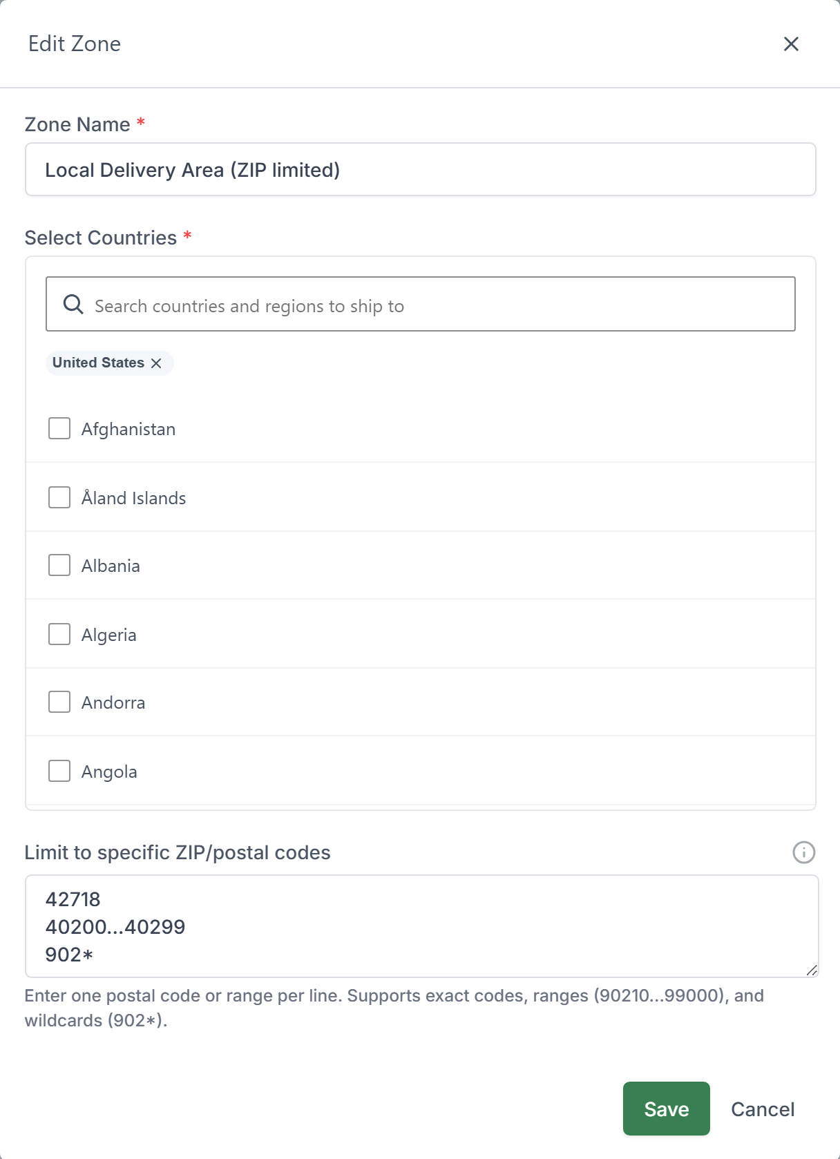 SureCart Edit Zone dialog showing the Limit to specific ZIP/postal codes field